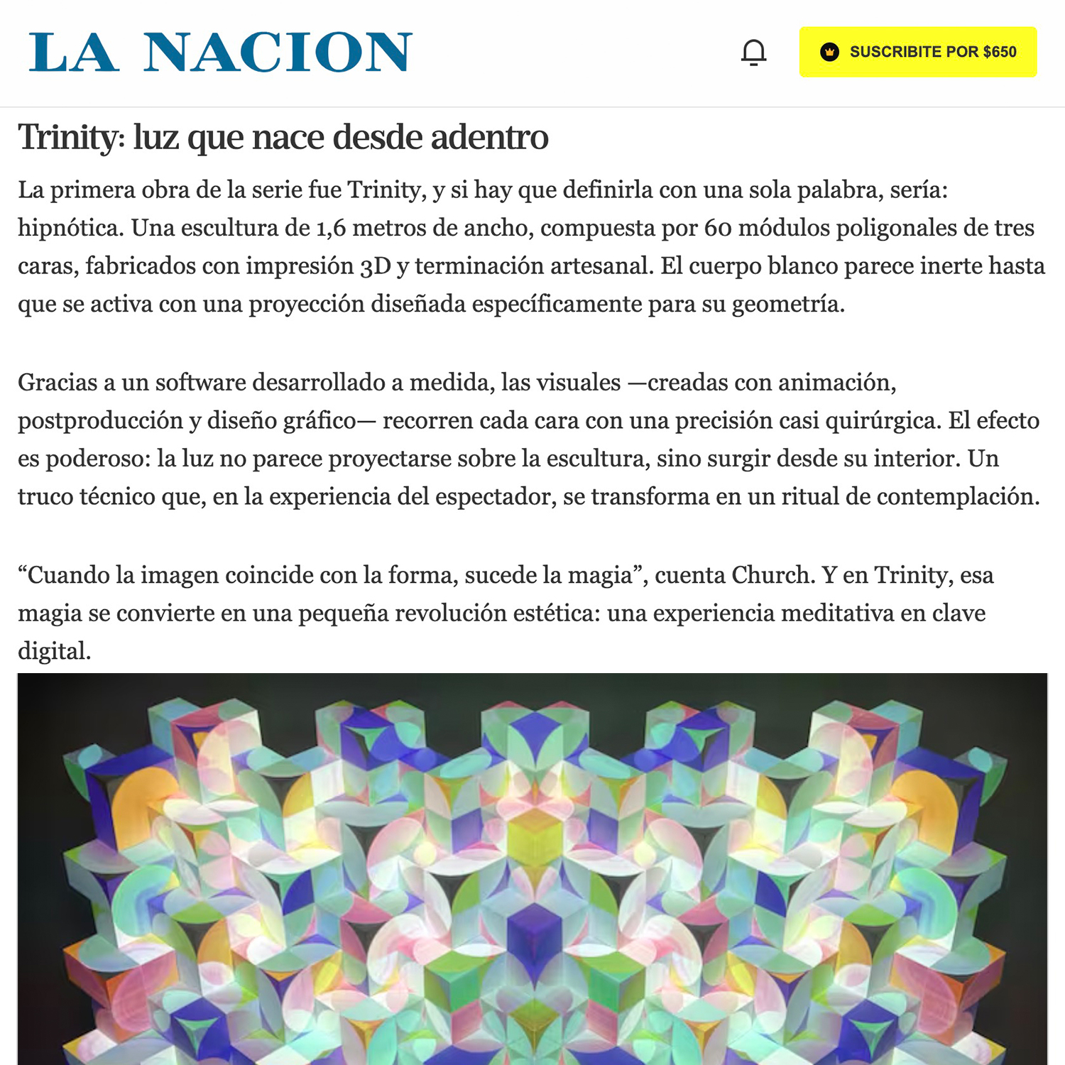 Nota de La Nación sobre Trinity: “Trinity, luz que nace desde adentro”
