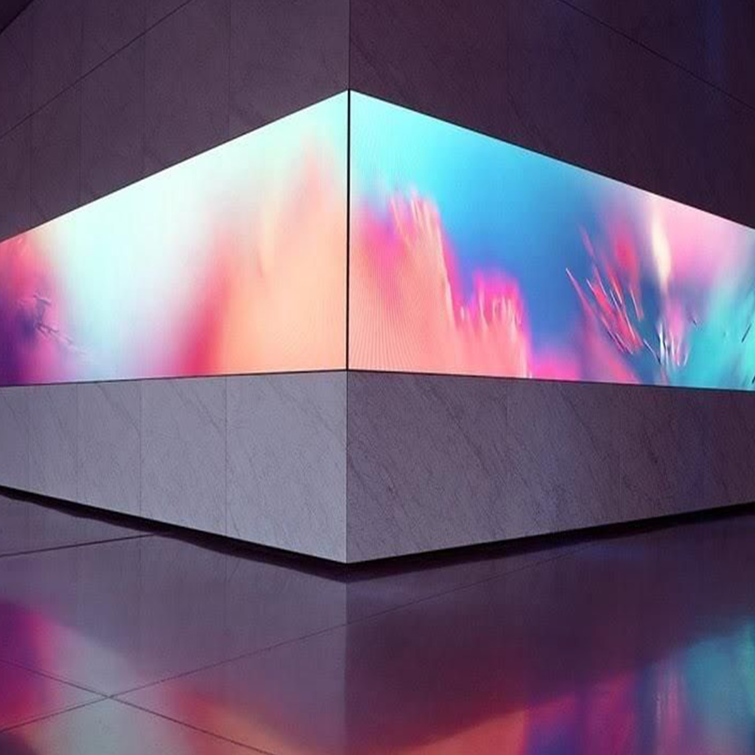 Pantalla LED en esquina con visual abstracto de colores