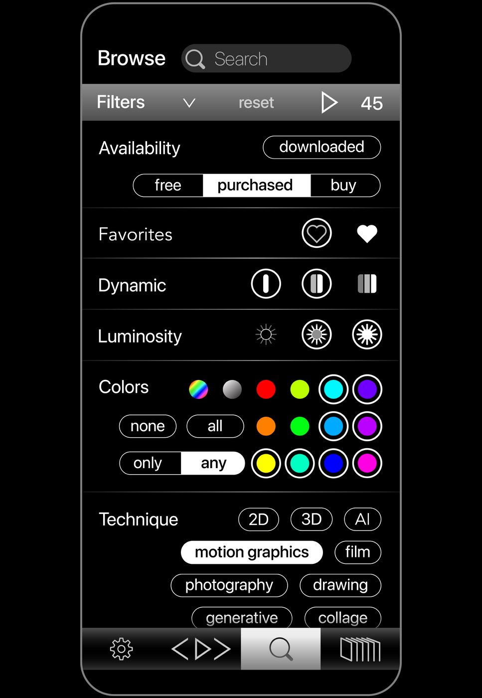 Light Mirage — pantalla Filters