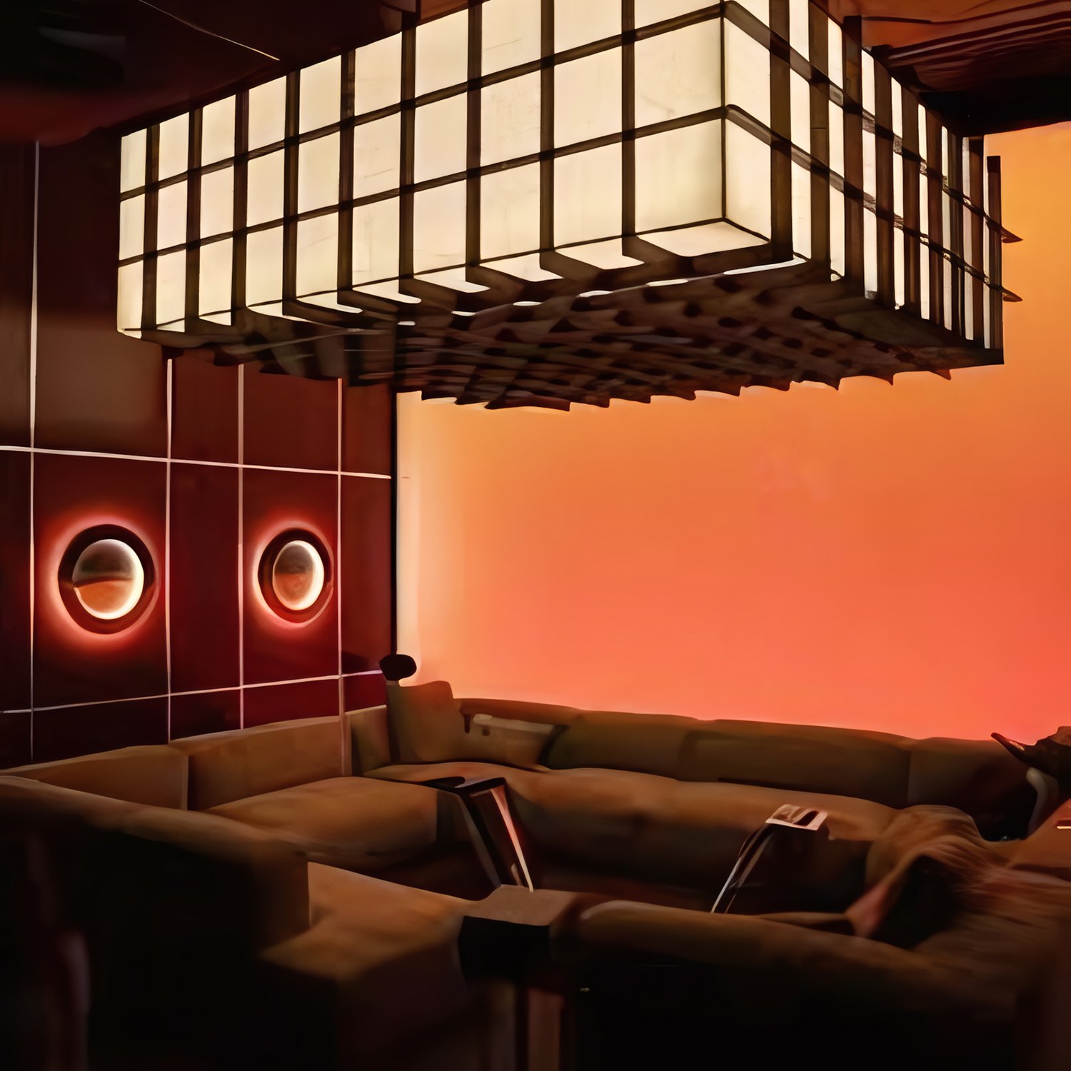 Referencia: sala con pared naranja y una gran luminaria cuadriculada en el techo