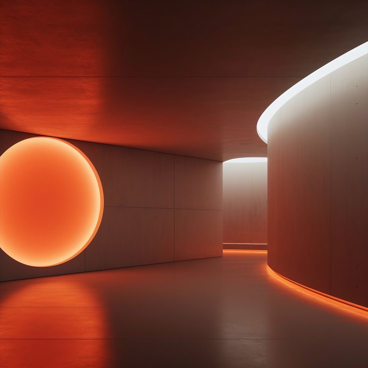 Referencia: círculo naranja en la pared de un pasillo curvo con luz perimetral