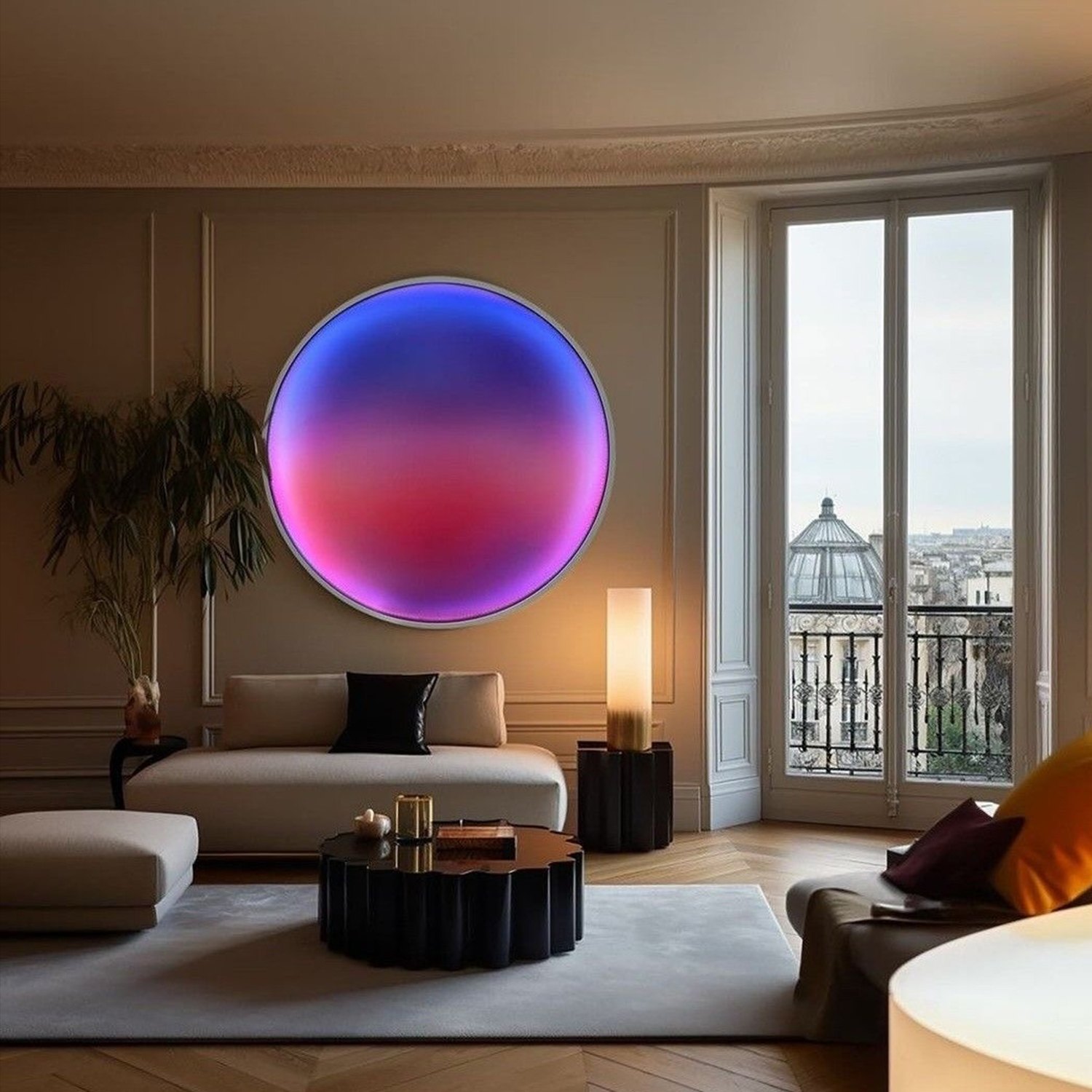 Referencia: círculo de luz violeta y rosa sobre un sillón en un living clásico