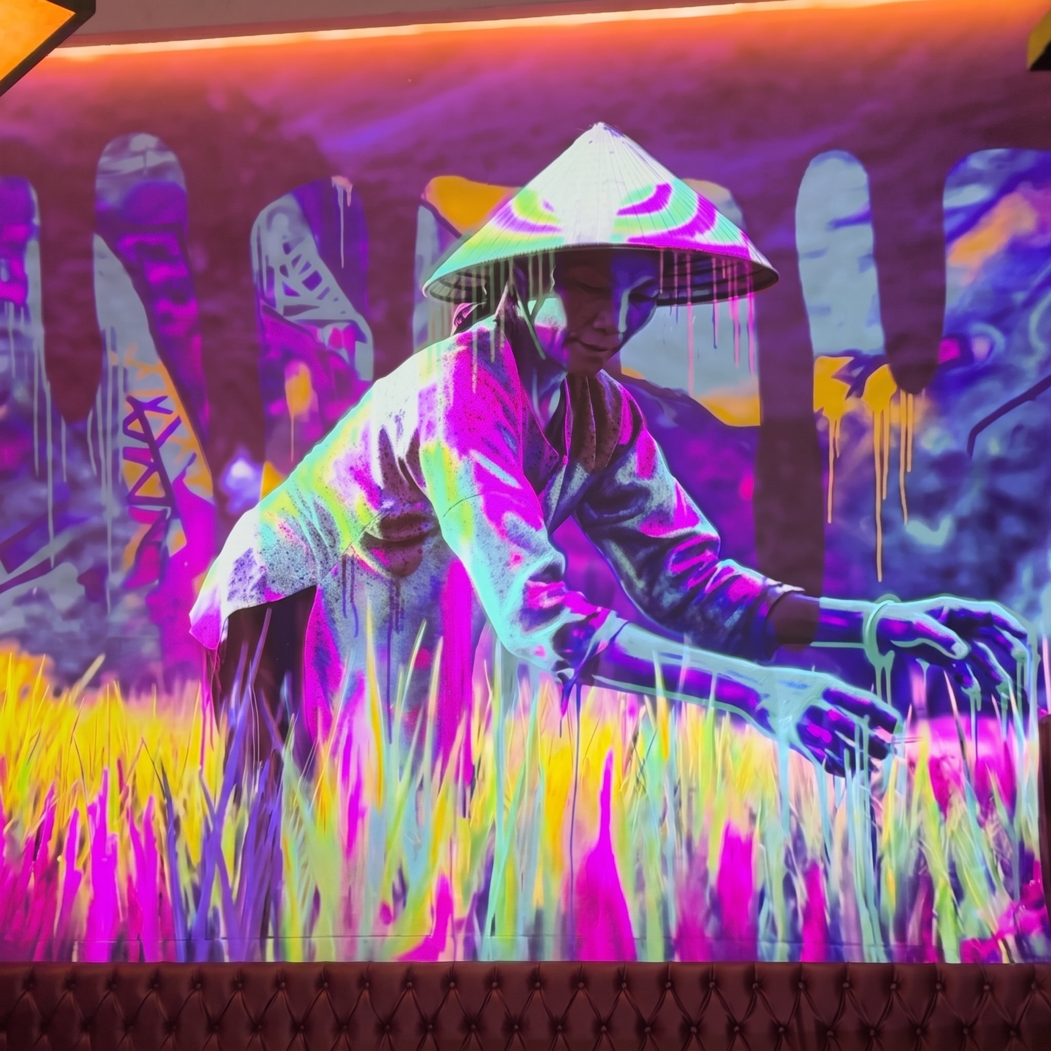 Mural de mapping en Nación Sushi, goteo de pintura en tonos violetas